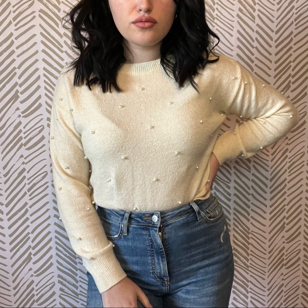 Cream Pearl Embellished Sweater